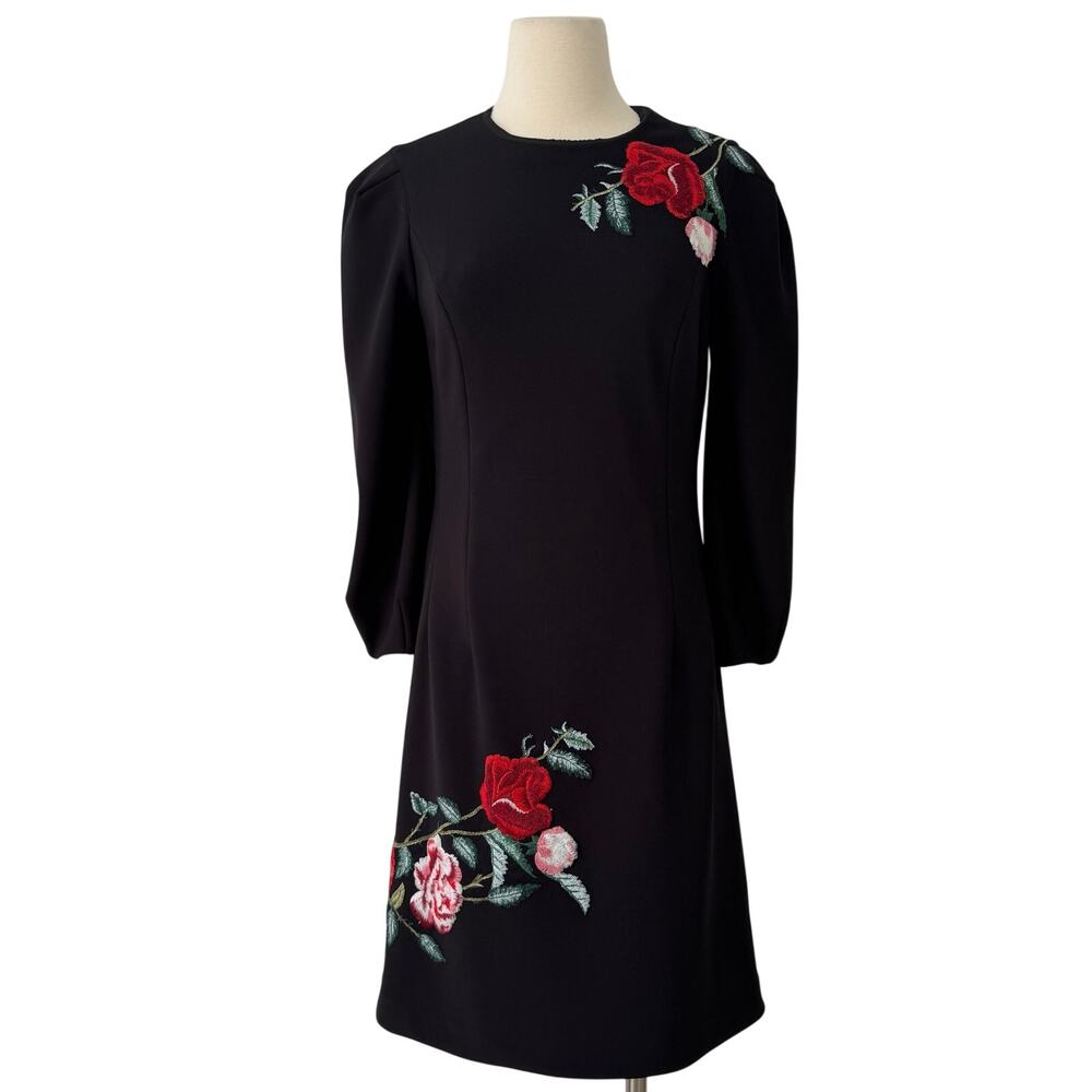 Teri Jon Rickie Freeman Embroidered Blouson-Sleeve Sheath Crepe Dress Black 8